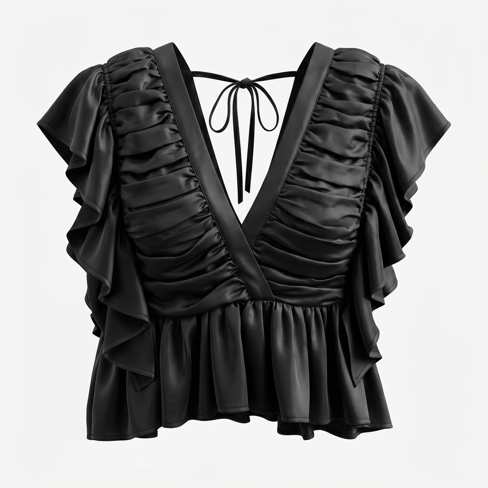 Entro Ruffled Ruched Peplum Top M Black V-Neck Tie Back Romantic Night Out Chic